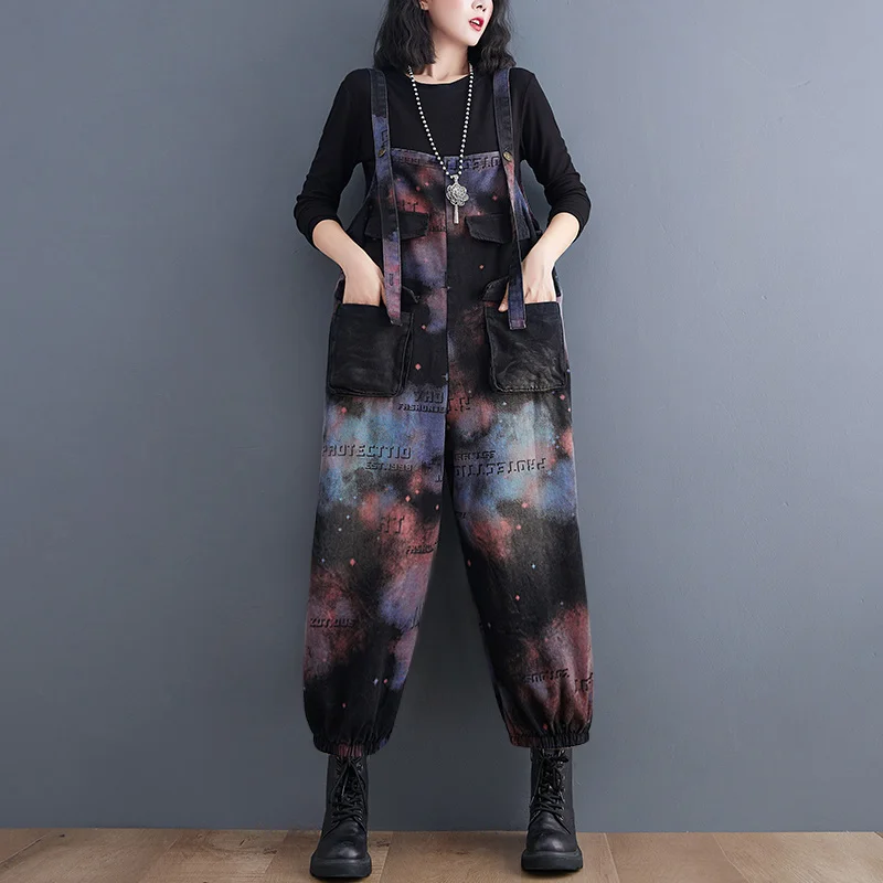 

#1503 Tie Dyed Printed Denim Jumpsuits Women Loose Vintage Rompers Womens Jumpsuit With Pockets Jeans Jumpsuit Female Adjustable