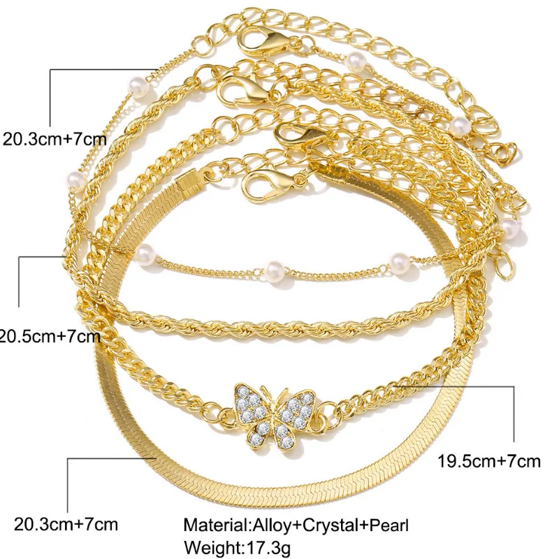 

Simple 5pcs/set Butterfly Diamond Pearl Chain Anklets Foot Jewelry Leg Ankle for Women Gifts