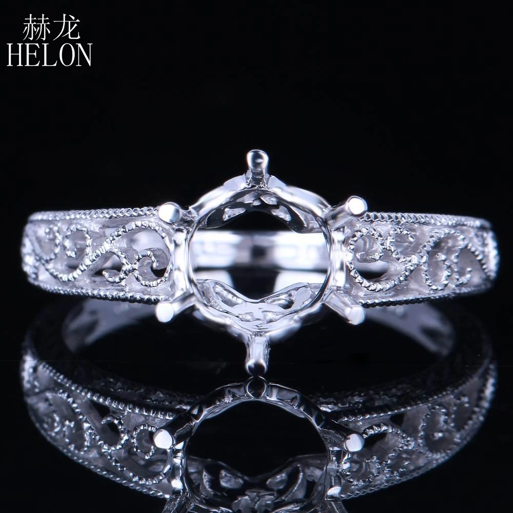 

HELON Solid 10k White Gold Women Vintage Fine Jewelry Semi Mount Engagement Wedding Ring Setting Fit Round Cut 7.5-8mm