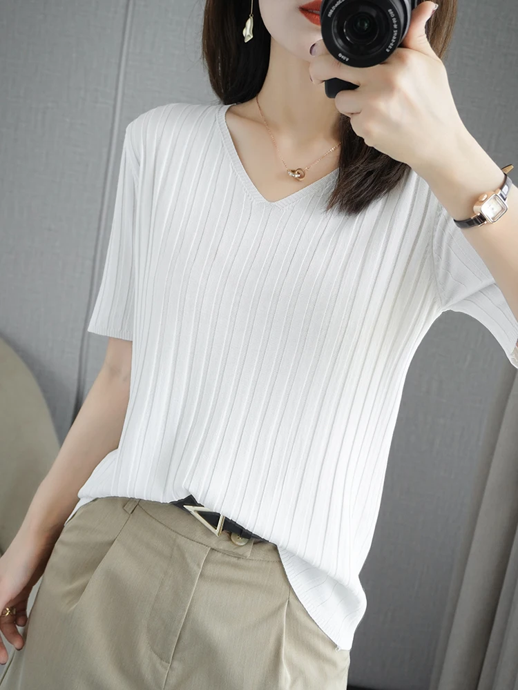 Женская футболка с V-образным вырезом свитер коротким рукавом топы из 100% хлопка