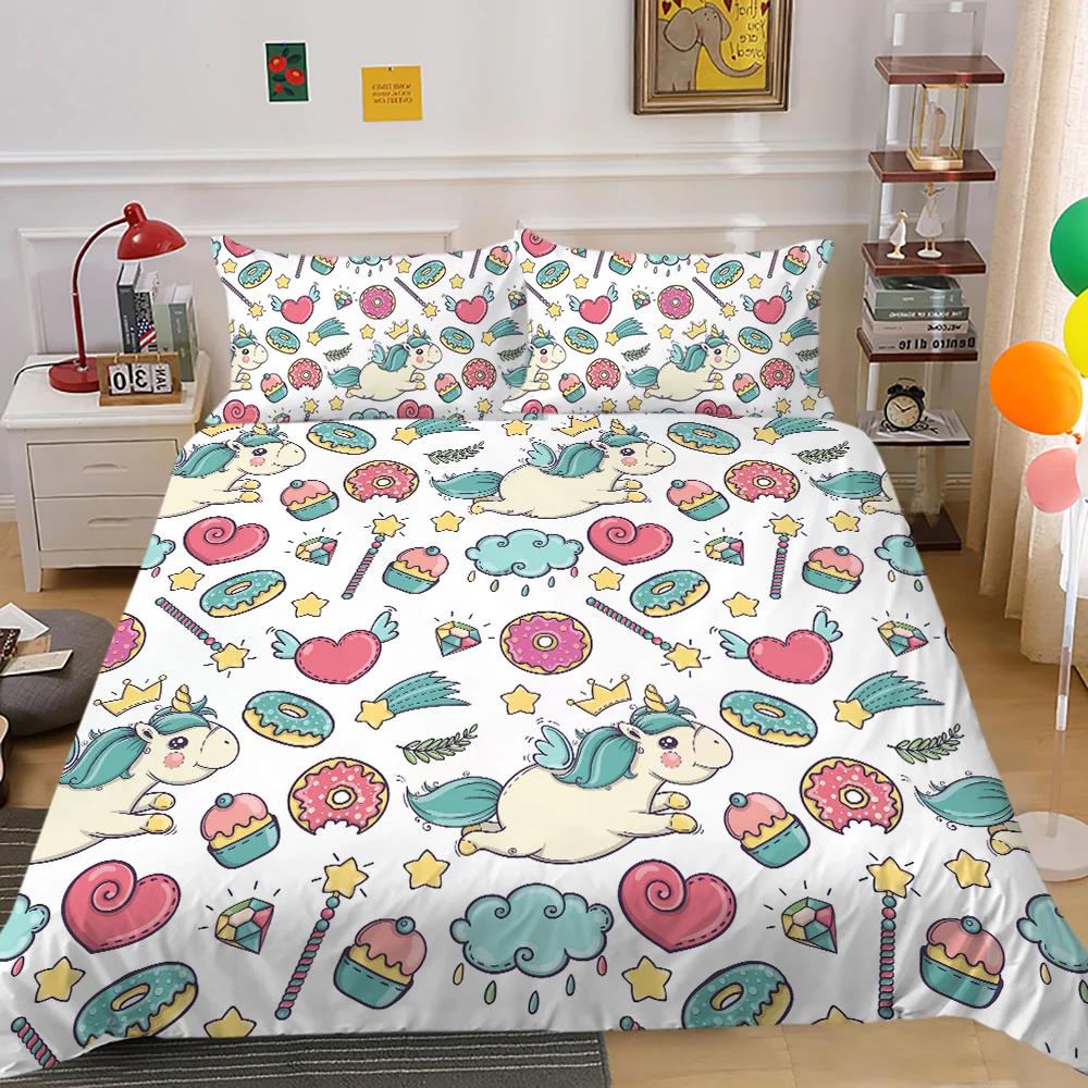 

Bedding Set Cartoon Queen Size Unicorn Theme Comforter Cover Set Girls Children Bedclothes Creative Bed Gift