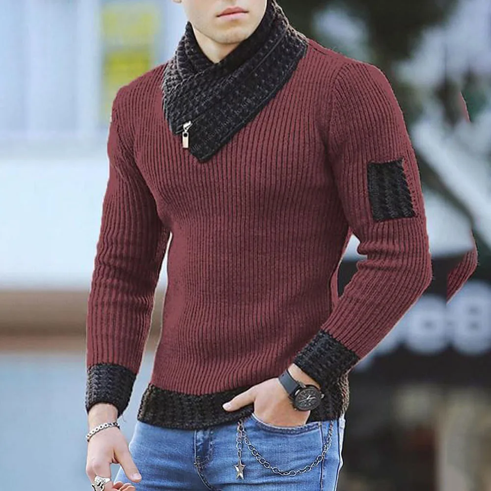 

2021 Autumn Winter New Fashion Mens Sweater Temperament Splicing Pullover Turtleneck Knitting Thicken Warm Long Sleeve Mens