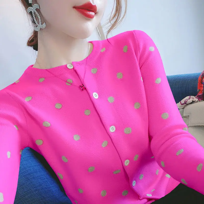 

New Polka-dot Knitted Cardigan Women's Slim-fit Polka-dot Sweater with a Plus Size Top Coat