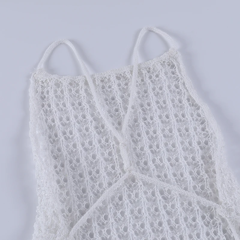 

InstaHot Split Side Halter Neck Sexy Dress Knitted Hollow Out Mid Calf Sleeveless Beach Backless Bandage Vintage Transparent