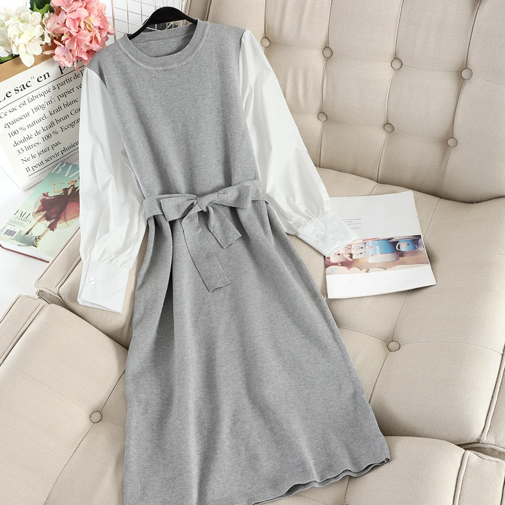 SINGRAIN женское длинное платье свитер с длинными рукавами Повседневное лоскутное