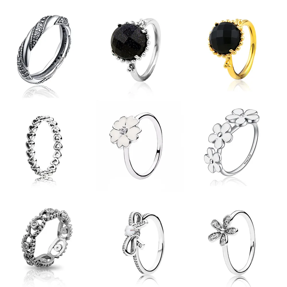 

925 Sterling Silver Ring Charms Big Black Cz White Flower Fashion Daisy Finger Ring For Women Party Jewelry Gift