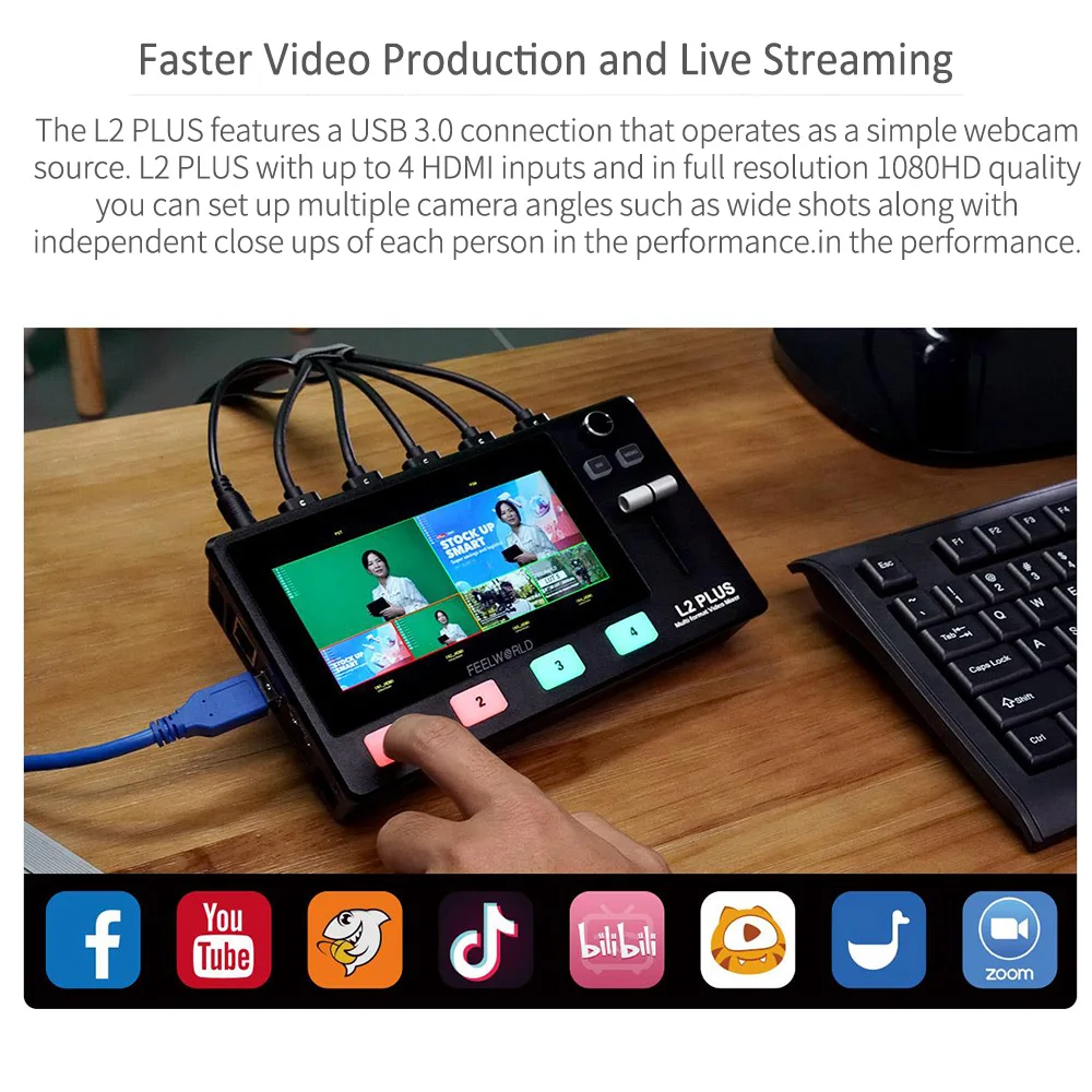 FEELWORLD L2 PLUS 5.5" LCD Multi-camera Video Mixer Switcher With Touch Screen PTZ Control Chroma Key USB3.0 For Live Streaming |