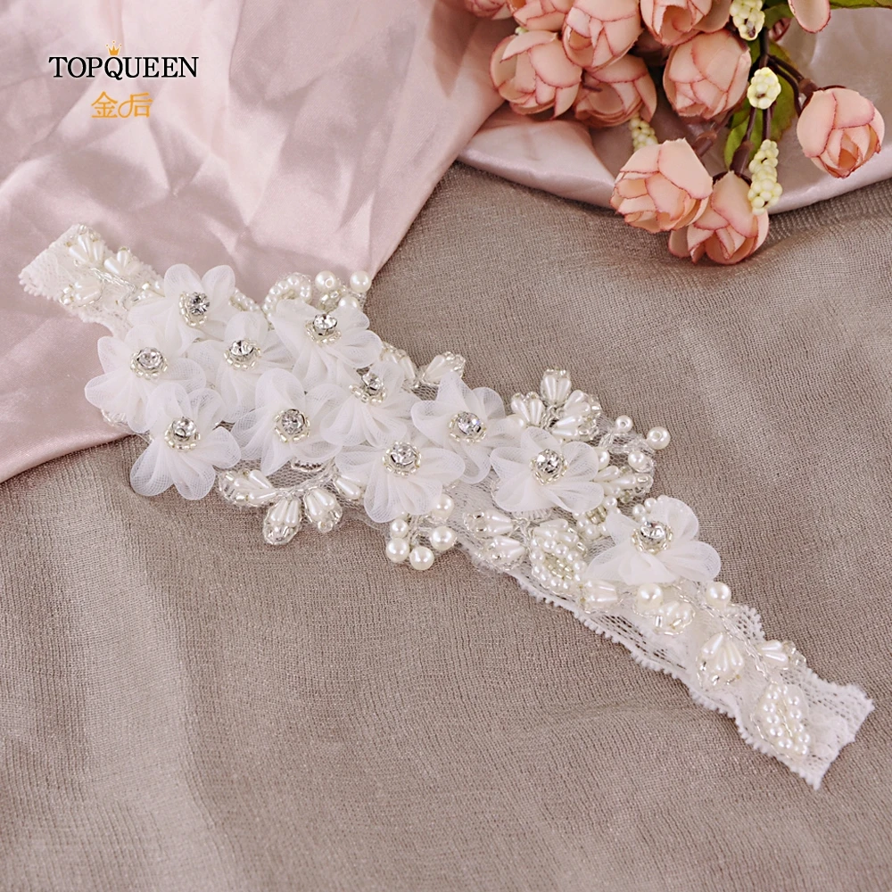 TOPQUEEN S355 Wedding Elastic Garter White Flower Pearl Sexy Garters Women/Female/Bride Thigh Ring Bridal Lace Leg Loop | Свадьбы и