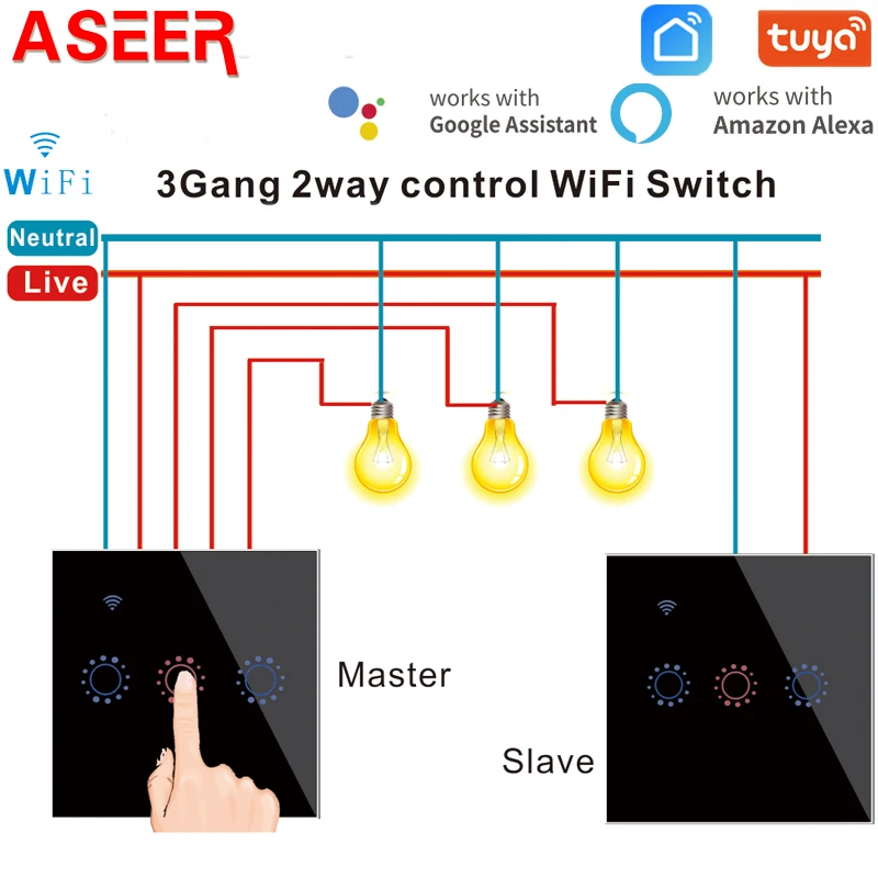 ASEER 2 шт./компл. Tuya Smart 1/2/3 Gang Way WIFI переключатель стеклянные настенные сенсорные
