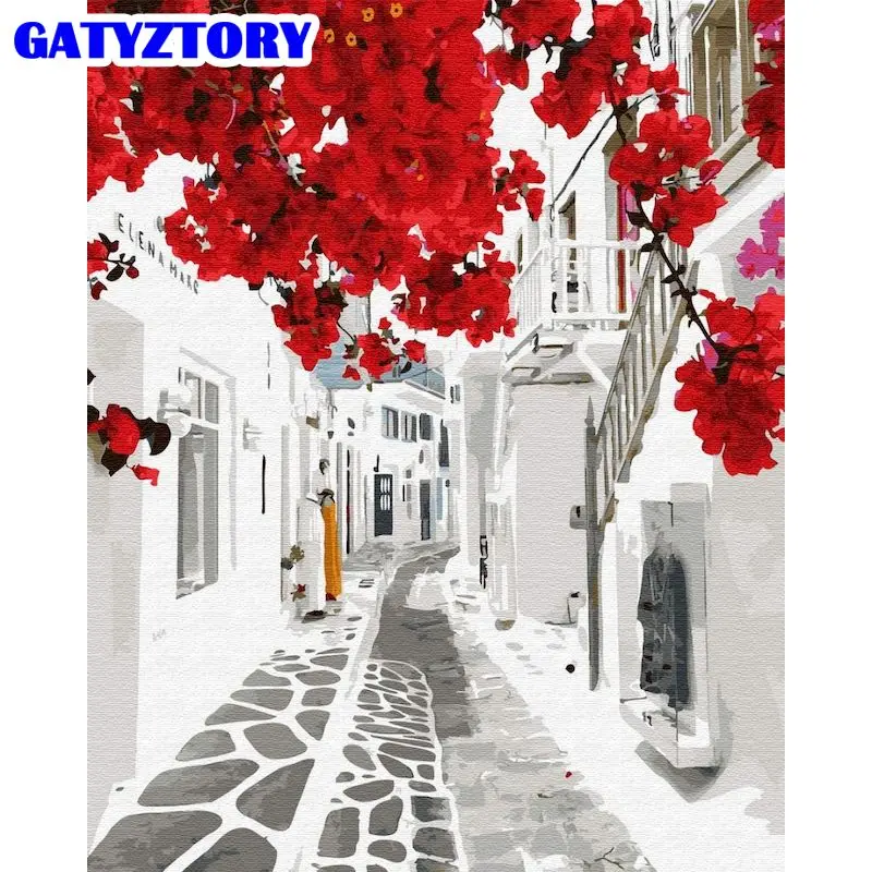 

GATYZTORY Paint By Number Red Flower White Street HandPainted Painting Art Gift DIY Landscape Kits Drawing On Canvas Home Decor