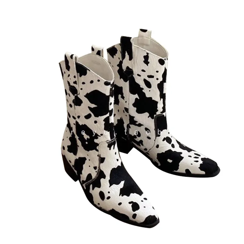 

New Retro Women's Mid-calf Boots Horse Hair Pull on Chelsea Boots Milk Cow Pattern Print Shoes High Heel X54