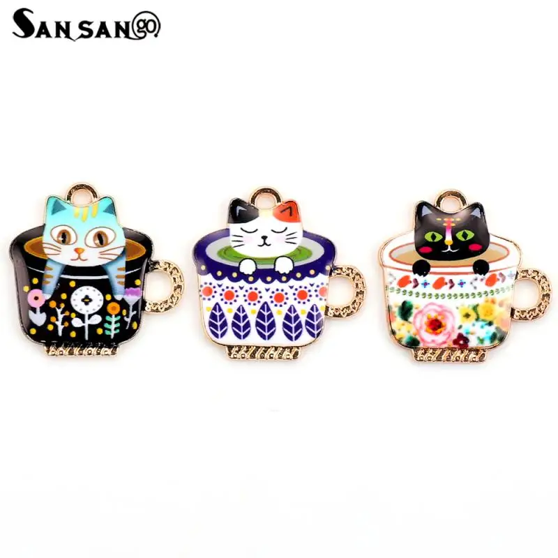 

10Pcs/set Cute Teacup Cat Enamel Shiny Eyes Charms Pendants for Women DIY Handmade Necklace Jewelry Wholesale Accessories