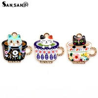 10pcsset cute teacup cat enamel shiny eyes charms pendants for women diy handmade necklace jewelry wholesale accessories