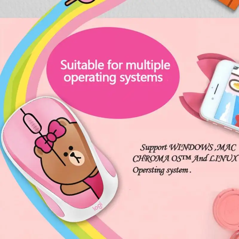 Милая беспроводная мышь logitech LINE FRIENDS, 2,4 ГГц, мини-мультипликационный usb-приемник, оптическая сенсорная игровая мышь для офиса, для ПК, ноутбука