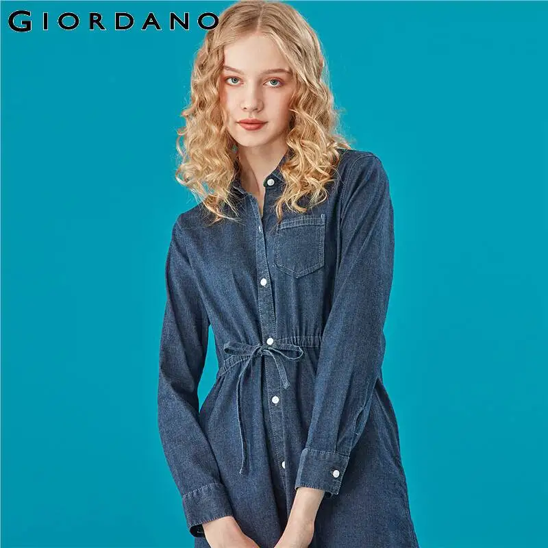 Giordano женское джинсовое платье с бантами и поясом легкое эластичное модное