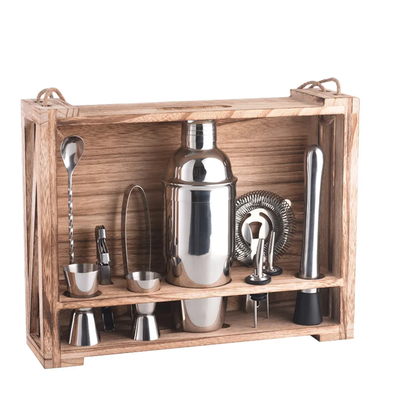 

11PCS Cocktail Tools Set 700ml Stainless Steel Shaker Profession Bars Bartenders Accessories for Mixer Martini with Wooden Stand