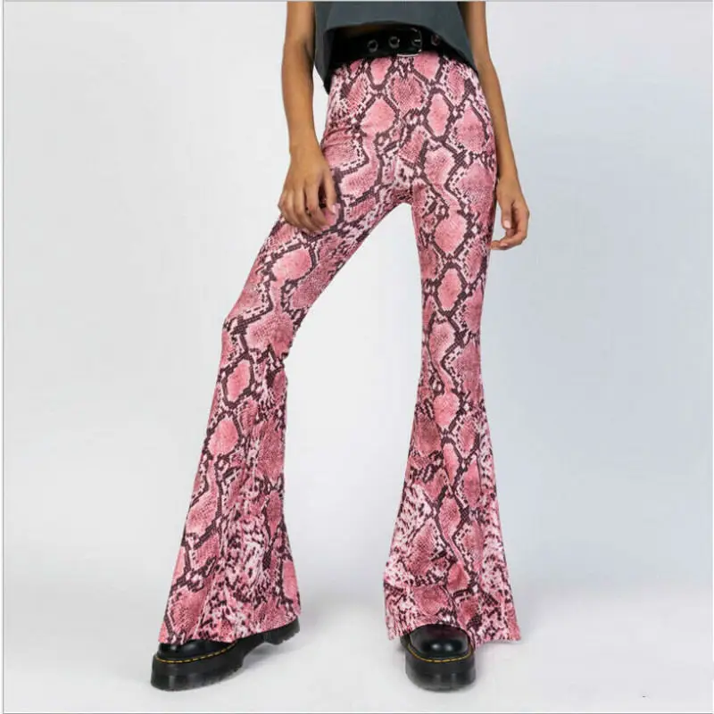 

Fashion Snakeskin Printed High Waist Flared Pante Bell Bottom Casual Long Trousers