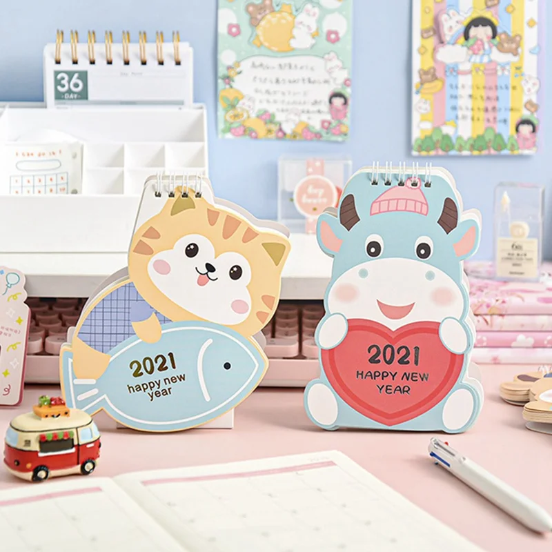 

New 2021 Lovely Cat and Rabbit Cow Blossom Desk Mini Calendar Cartoon Calendars Daily Schedule Planner 2020.10-2021.12