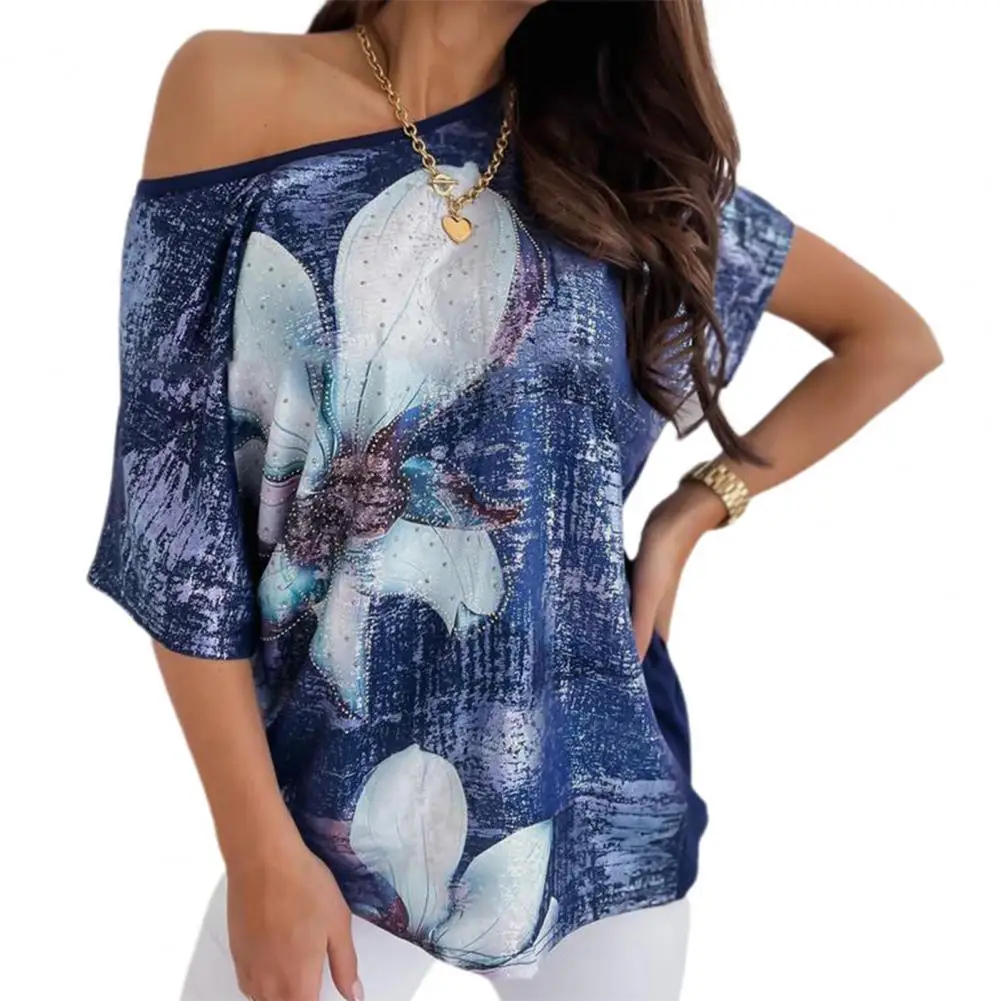 

Hot Sales Women T-shirt Flower Print Off Shoulder Summer O Neck Short Sleeve Blouse for Office