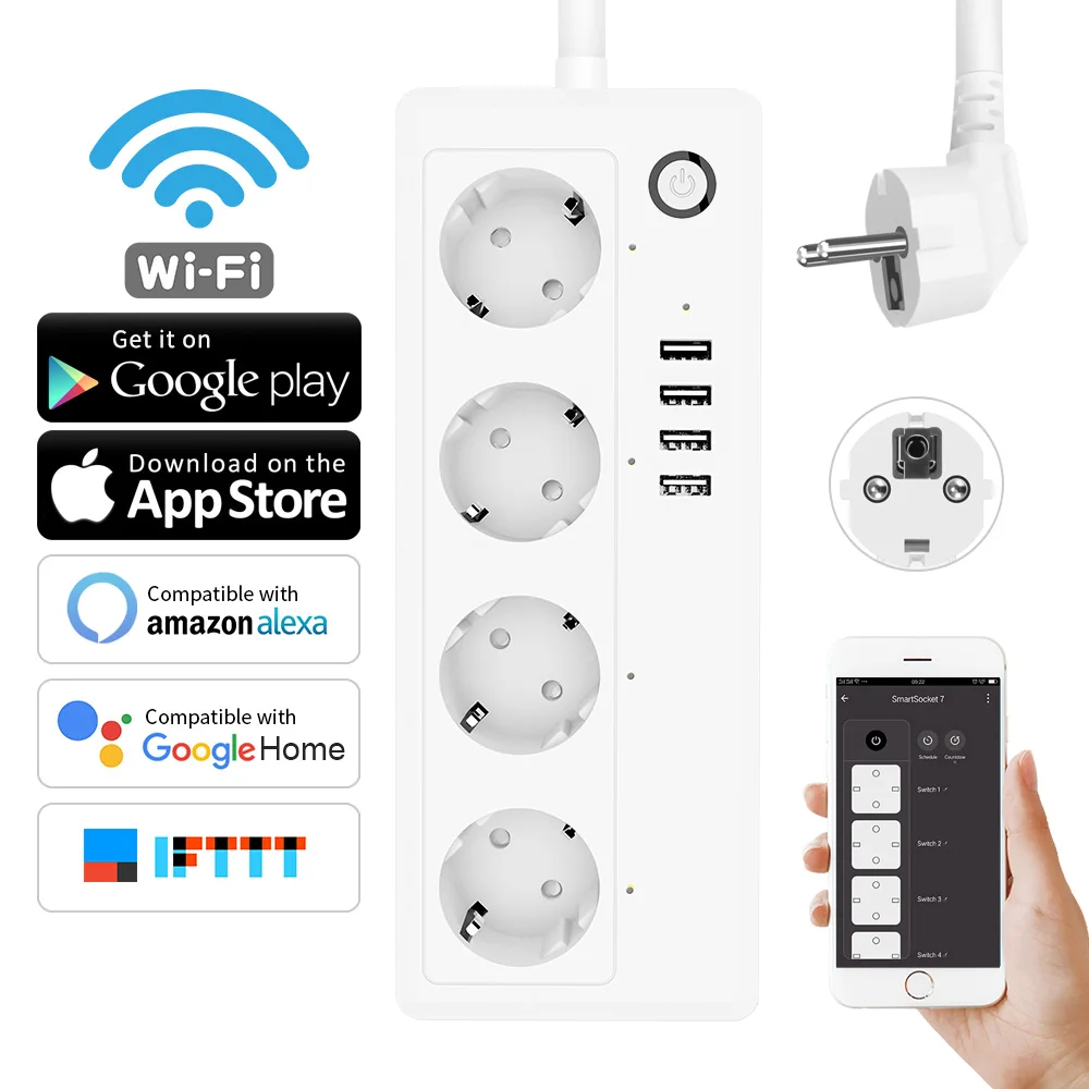 Wifi Smart power Strip 4 розетки ЕС розетка с USB 4 зарядным портом, приложение Голосовое управление работает с Alexa Google Home Assistant
