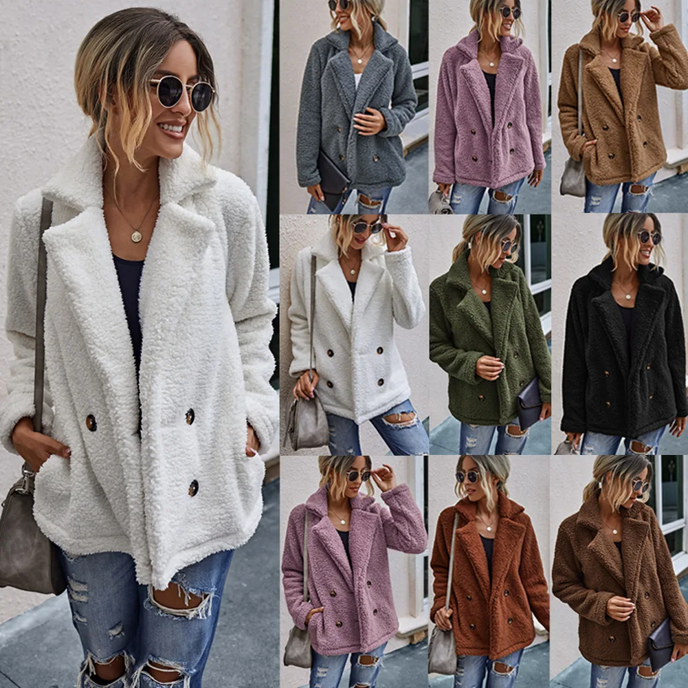

New product autumn and winter fashion button collar pocket blouse fleece jacket