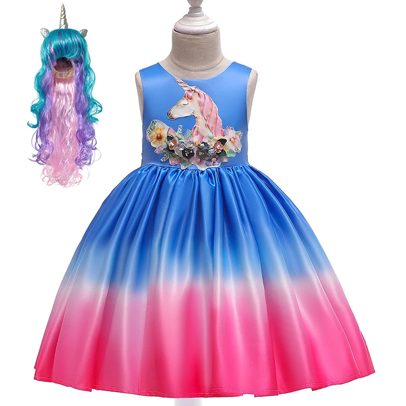 

New Summer Unicorn Princess Dress For Girls Color Stitching Applique Children Costumes Bow Sleeveless Cartoon Dresses Of Kids