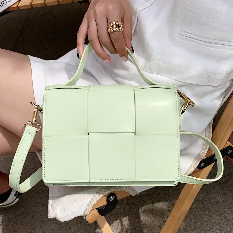 

Кожаные плетеные сумки на плечо, женская маленькая сумка-тоут с клапаном, квадратные клетчатые сумочки, летняя женская плетеная сумка-мессе...