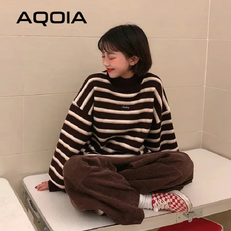 Женский трикотажный пуловер в полоску свободная теплая водолазка стиле ольччан