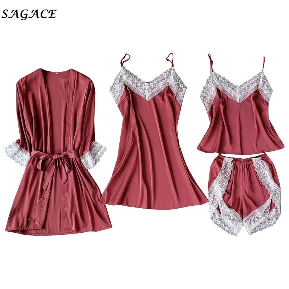 Sagace Nightdress Women Satin Silk solid Cardigan Bathrobe Ladies Robes Underwear Suspenders Pants Top Sleepwear | Женская одежда