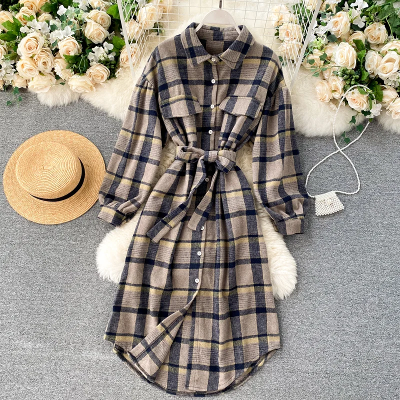 

Retro Korean Style Plaids Long Shirt Dress Autumn Winter New Belted Adjustable Waist Woolen Long Dress