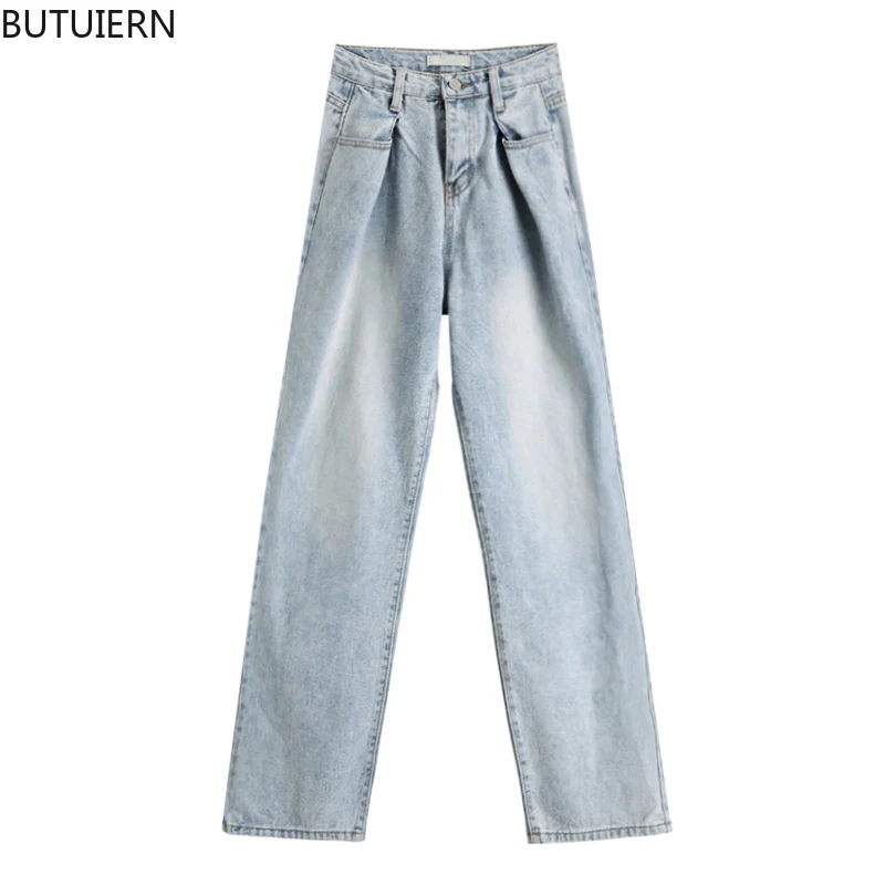 

Women's Blue Denim Pants 2021 Summer Wide Leg Wrinkled High Waist Washed BF Jeans Trousers New Streetwear Baggy Retro Y2K