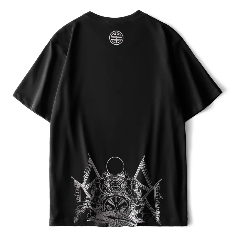

2021 Summer New Facial Makeup Embroidered T-shirt Men's Chinese Style Retro Hip Hop Trend Loose Oversized T Shirt