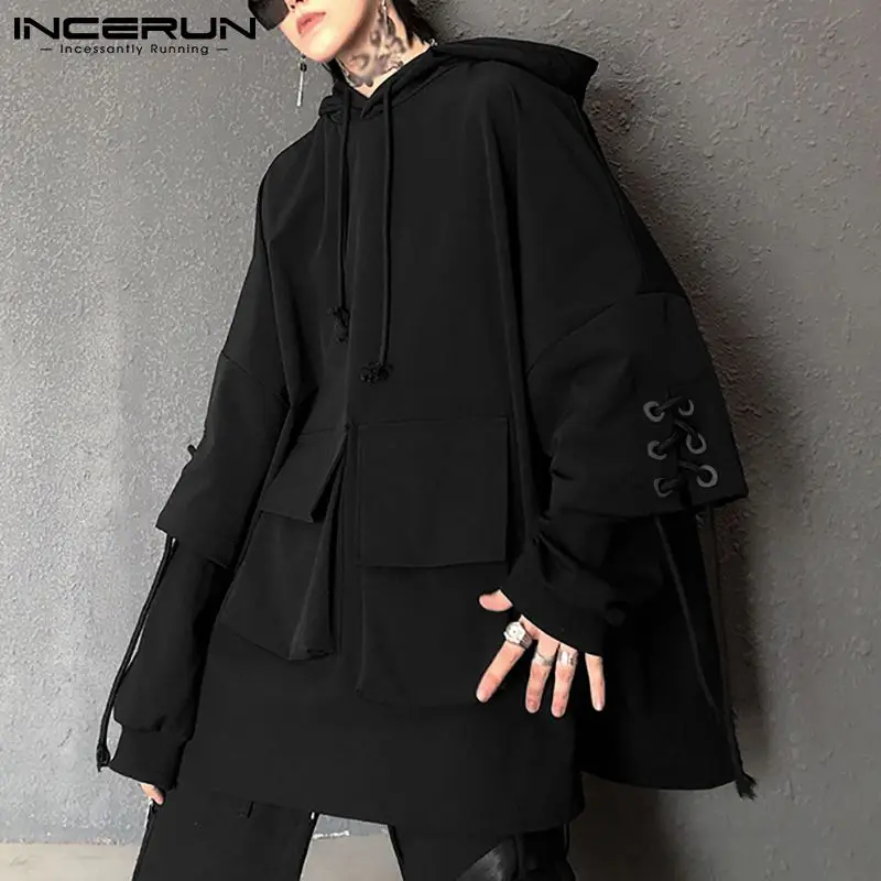 

Толстовка INCERUN мужская с капюшоном и длинным рукавом, модная однотонная уличная одежда в стиле панк, повседневный Свитшот оверсайз с накидк...