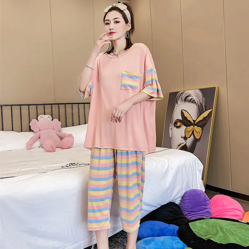 

2XL-4XL Casual Striped Sleepwear Pajamas For Women New Plus Size Summer Ladie's Short Sleeve Cropped Pant Two Piece Set 100 KG