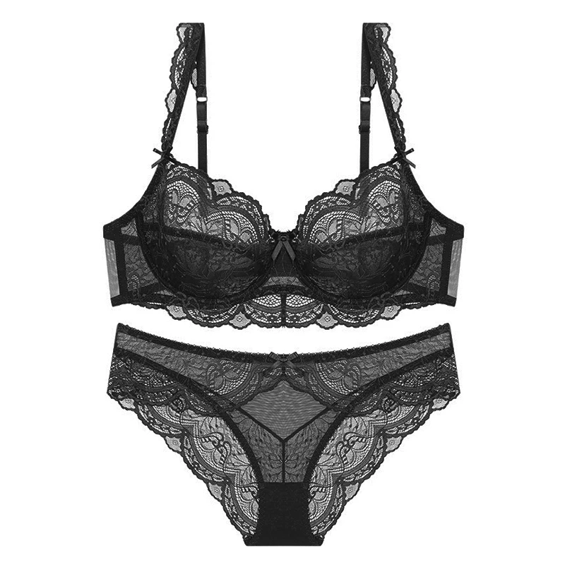 

Plus Size D E Big Cup Transparent Brassiere Sexy Underwear Set Women Lingerie Underwire Push Up Lace Bras And Panties Sets Green