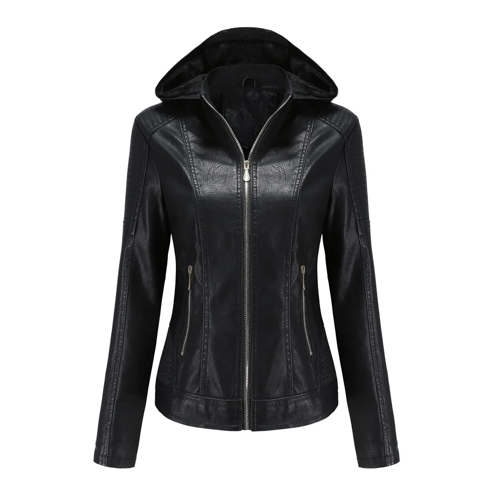 

FMFSSOM 2020 New Hat Detachable Hooded Faux Leather Jacket Women Velvet Flocking Pu Red Black Winter Coat Women Motorcycle Coat