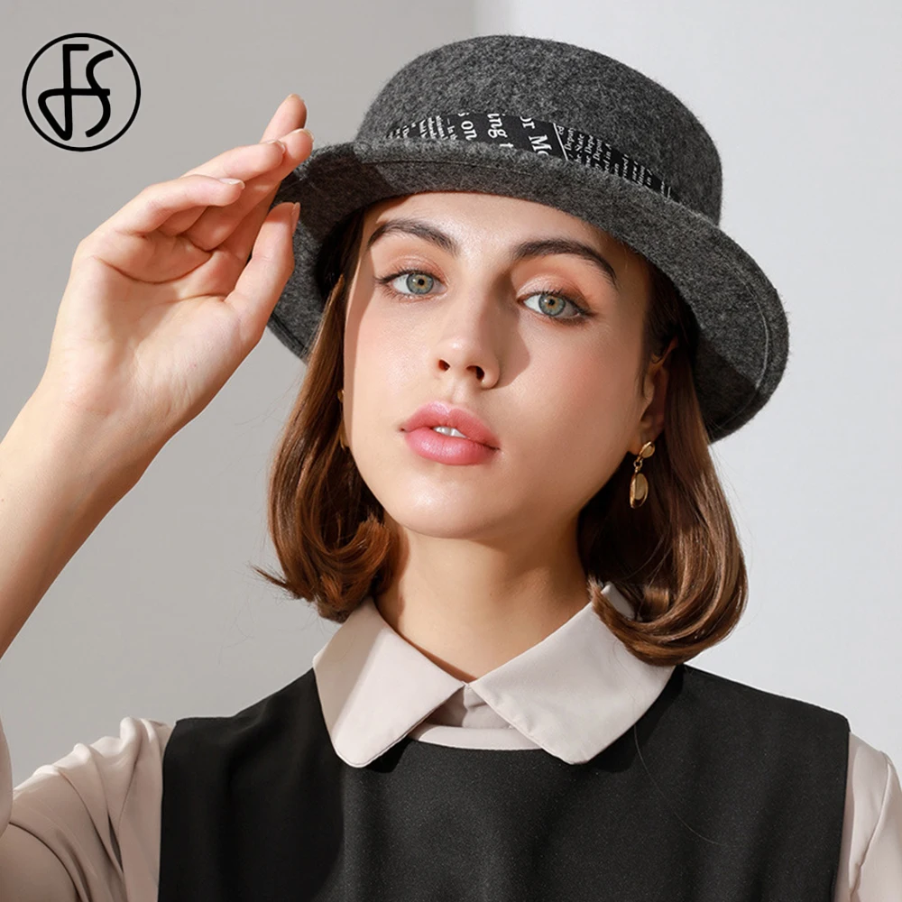 

FS British Socialite Style Wool Felt Dome Fedora Hats For Women Winter Church Cloche Derby Hat Fedoras Bowler Cap With Ribbon