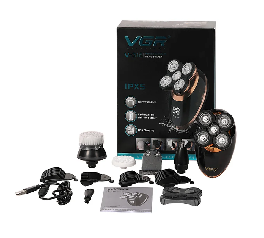 

VGR 5 In 1 USB Rechargeable tondeuse barbe Men Washable Five Floating Heads Shavers Hair Clipper Nose Ear Hair Trimmer Shaving
