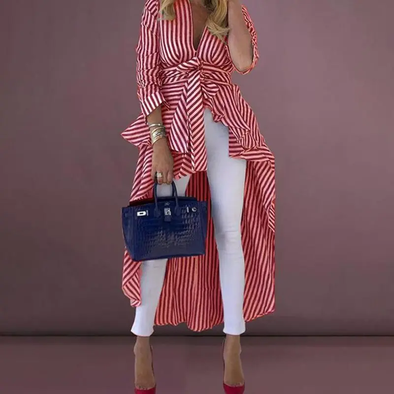Женская Асимметричная блузка в полоску Повседневная Длинная с v образным вырезом