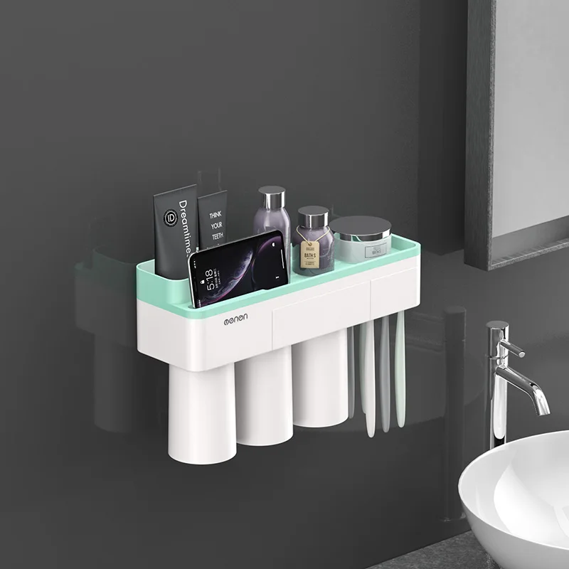 Green 3 Cups ONEUP магнитный держатель для зубных щеток с адсорбцией, чехол с 4 чашками, домашняя стойка для хранения для ванной комнаты, настенные аксессуары для ванной комнаты - Цвет: Green 3 Cups