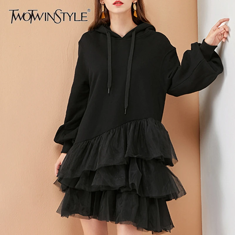 TWOTWINSTYLE необычное лоскутное Сетчатое платье для женщин с капюшоном фонарь