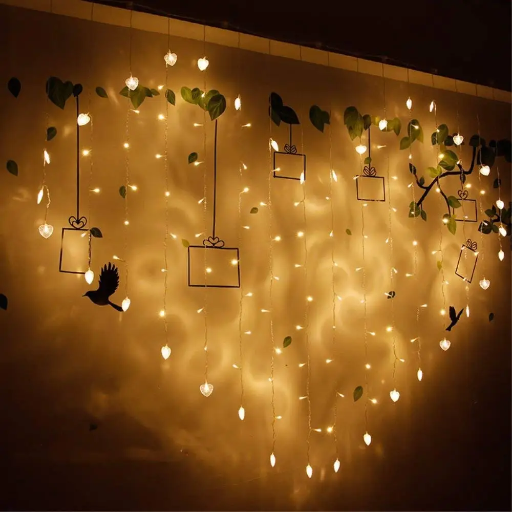 heart curtain light Светодиодный светильник с Лунной звездой, гирлянда Ins, Рождественский светильник s, декоративный праздничный светильник s, занавес, вечерние, свадебные, Неоновые фонари, 220 В, сказочный светильник - Испускаемый цвет: heart curtain light
