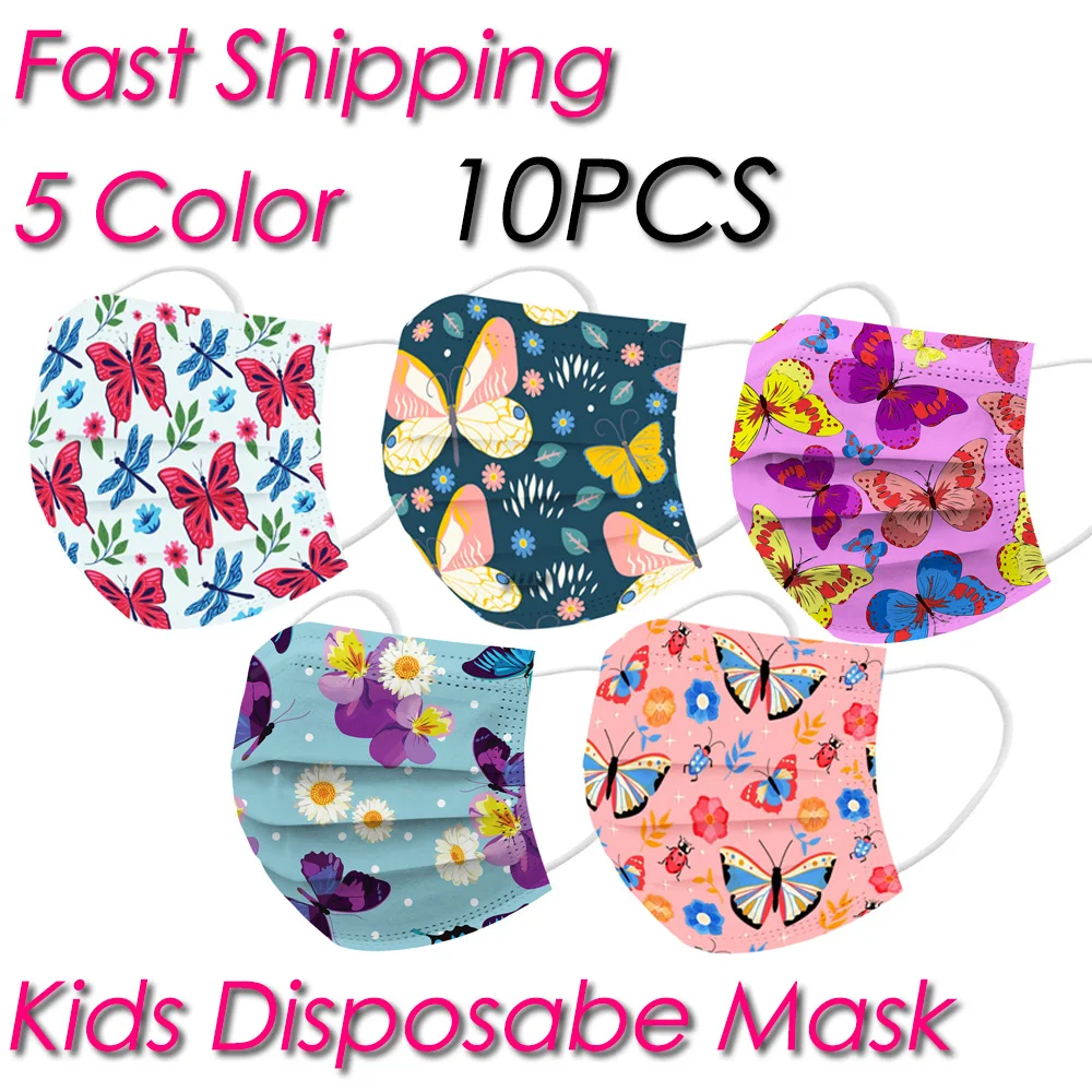 

10pcs Kid's Disposable Face Mask Children Butterfly Print 3 Ply Non-woven Breathable Dustproof Safe Mask Mascarillas Ear Loop