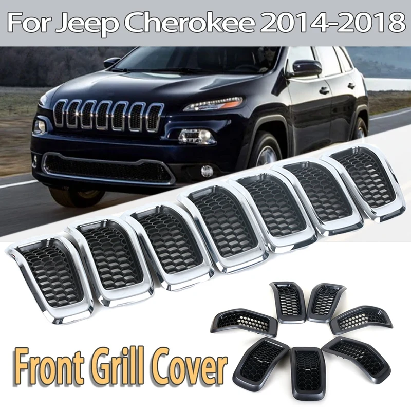 7 adet krom örgü petek ön izgara ekler ızgara yüzük Trim için Jeep Cherokee 2014-2018
