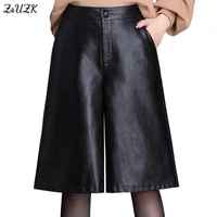 black pu leather bermuda shorts for women loose long shorts motorcycle punk high waist knee length bermuda femme