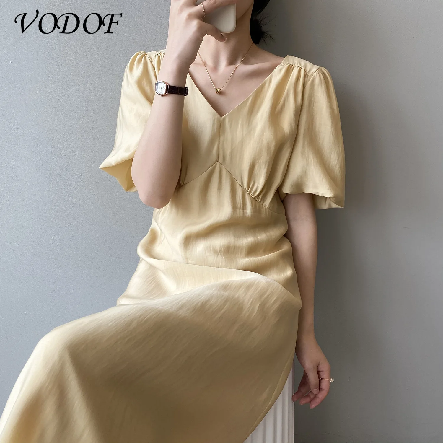 VODOF Casual V-neck Short Sleeve Women Dress 2020 Summer Cotton and Linen Female Mid-length Dress Lace-up Side Split Vestidos