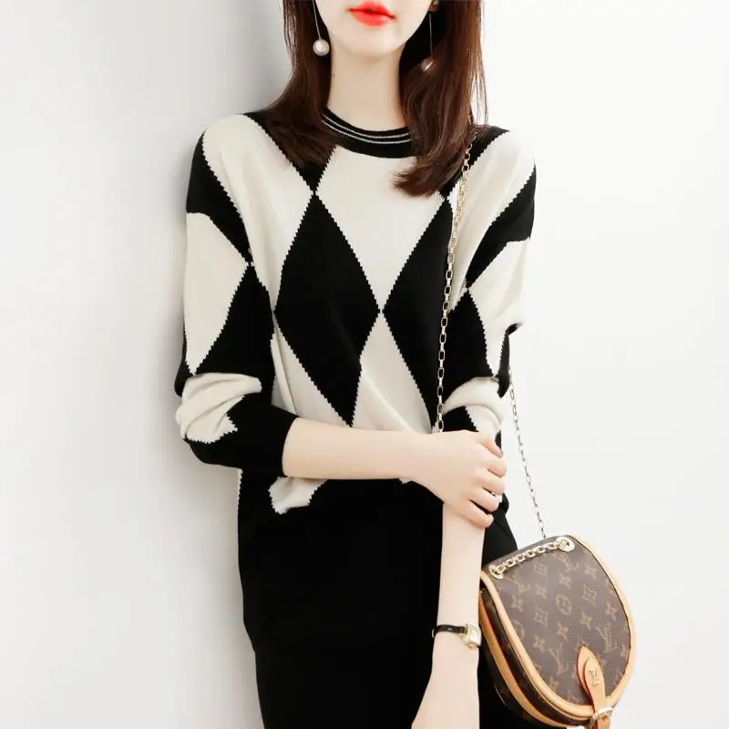 

Diamond Plaid Sweater Women's Loose Wear 2021 Spring and Autumn Winter Turtleneck Lazy Style Backing Shirt Knitted Shirt