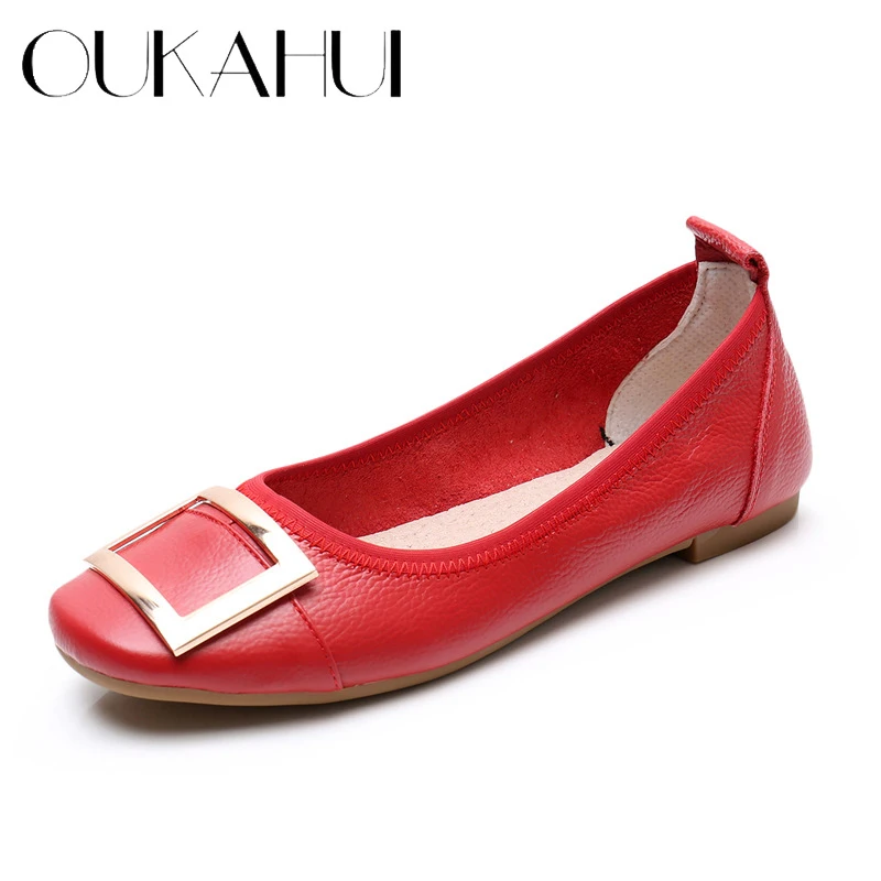 

OUKAHUI Autumn Elegant Genuine Leather Flat Shoes For Women Slip-On Shallow Solid Color Square Toe Ballet Flats Ladies Flat Shoe