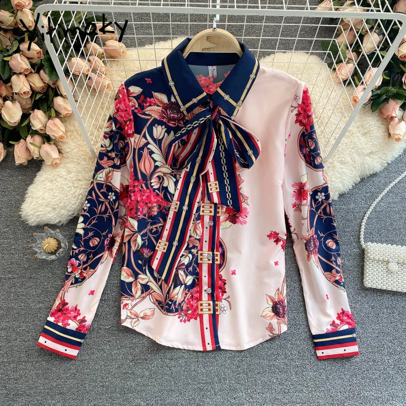 

Yitimoky Print Bow Lace Up Blouses Women Breasted Shirt Sleeve Turn-down Collar Pink Clothes 2021 Spring Korean Fashion New Tops