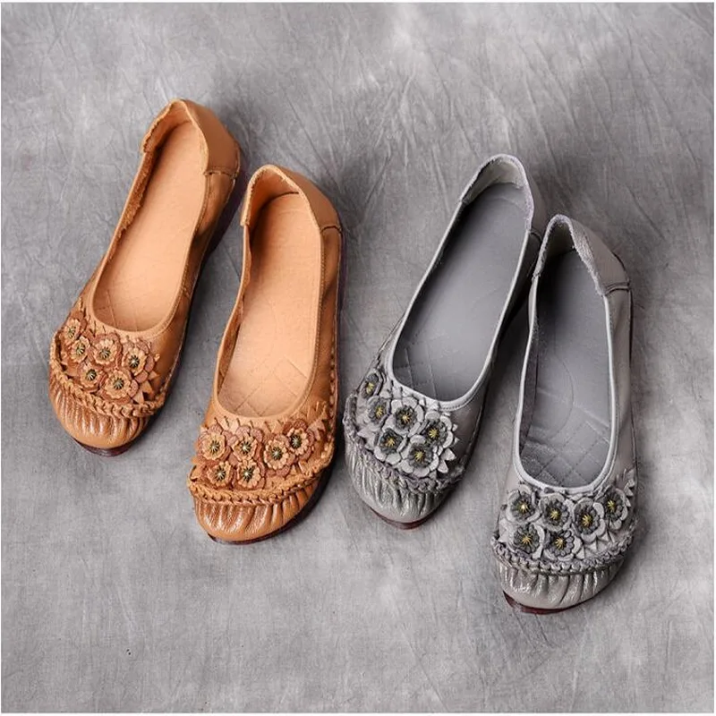 2021 Women Loafers Genuine Leather Flat Heels Flower Round Toe Handmade Shoes Soft Comfortable Platform Ladies Shoes